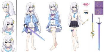 1girl absurdres artist_request barefoot black_skirt blue_bow blue_eyes bow breasts chain choker closed_mouth dress egg_vibrator frilled_dress frills grey_hair hair_ornament hexagram highres holding holding_chain holding_sword holding_wand holding_weapon long_hair mo_nv_zhi_wen_nai_bai_he_zhi_wei norin_karena reference_sheet sex_toy skirt small_breasts smile standing star_(symbol) star_hair_ornament sword thighhighs vibrator vibrator_in_thighhighs wand weapon