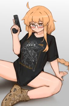 Rule 34 | 1girl, black shirt, blonde hair, blue eyes, boots, braid, braided ponytail, breasts, camouflage footwear, gun, highres, holding, holding gun, holding weapon, indie virtual youtuber, shirt, weapon, whiskey project, xerbatt