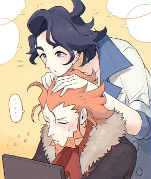 ... 2boys :o ascot beard black_hair black_jacket blank_speech_bubble blue_eyes closed_eyes closed_mouth coat commentary_request computer facial_hair flying_sweatdrops fur-trimmed_jacket fur_trim gohan_(horth-waribasi) hands_in_another&#039;s_hair highres jacket lapels laptop long_sleeves lysandre_(pokemon) male_focus multiple_boys nintendo orange_hair parted_hair pokemon pokemon_xy professor_sycamore red_ascot short_sideburns sideburns_stubble speech_bubble spoken_ellipsis stubble white_coat yellow_background