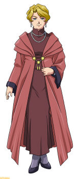 1girl arm_at_side artist_request black_footwear blonde_hair breasts cel_shading closed_mouth coat coat_hold collar collared_shirt dress earrings famitsu green_eyes grey_socks high_heels highres isabel_lilac jewelry long_sleeves looking_at_viewer mandarin_collar mature_female medium_breasts necklace official_art old old_woman pearl_necklace red_coat red_collar red_dress red_sleeves sakura_taisen sakura_taisen_iii second-party_source sega shirt short_hair simple_background sleeve_cuffs smile socks standing tachi-e watermark white_background wide_sleeves