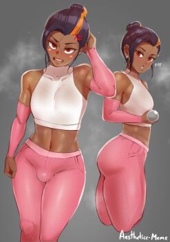 1boy absurdres aestheticc-meme androgynous anger_vein artist_name bare_shoulders blush bulge crop_top crossdressing crossdressing_(mtf) curvy dark-skinned_male dark_skin detached_sleeves exercising grey_background gym_uniform hair_bun halterneck heavy_breathing highres leggings lips male_focus midriff multicolored_hair multiple_views navel open_mouth original pants parted_lips pink_leggings pink_sleeves red_eyes samuel_(aestheticc-meme) shiny_skin shirt short_hair simple_background single_hair_bun streaked_hair sweat thick_thighs thighs trap weightlifting white_shirt wide_hips yoga_pants