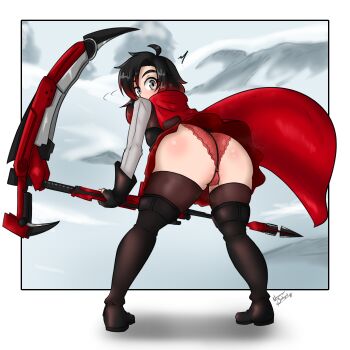 1girl absurdres ass bent_over black_hair blush boots cameltoe cape dress embarrassed from_behind gradient_hair grey_eyes highres huge_ass leaning leaning_forward looking_at_viewer looking_back miniskirt multicolored_hair nayaase_beleguii panties red_panties ruby_rose rwby scythe shiny_skin short_hair skirt solo thigh_boots thighhighs underwear weapon