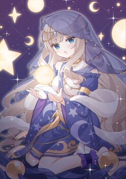 1girl absurdres ankle_cuffs armlet bare_shoulders blue_eyes blue_skirt blue_sleeves blue_veil breasts brooch brown_hair commentary_request crescent crescent_moon detached_sleeves frilled_cuffs gold_armlet highres jewelry layered_skirt long_hair long_sleeves medium_breasts moon open_mouth orb original see-through_clothes see-through_veil shan124680 sitting skirt smile solo star_(symbol) veil very_long_hair wariza white_skirt wide_sleeves