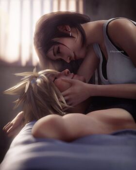 1boy 1girl 3d absurdres armpits arms_behind_head bare_shoulders black_hair blonde_hair breasts cloud_strife couple crop_top earrings final_fantasy final_fantasy_vii final_fantasy_vii_remake girl_on_top hands_on_another&#039;s_face highres holding_hands jewelry large_breasts long_hair looking_at_another lying on_back red_eyes ria-neearts smile spiked_hair square_enix tank_top tifa_lockhart upper_body white_tank_top