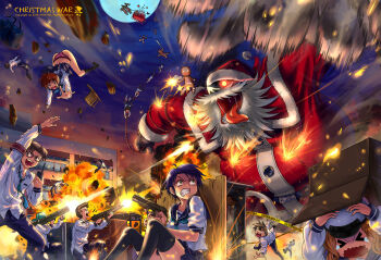 &gt;_&lt; 6+boys 6+girls against_wall arm_up battle beard blouse blue_hair box brown_eyes brown_hair building chair christmas clenched_teeth closed_eyes explosion facial_hair firing flying full_moon gingerbread_man gingerbread_man_(shrek) glasses glowing glowing_eyes green_eyes gun handgun hat hiding highres long_sleeves machine_gun moon multiple_boys multiple_girls night night_sky open_mouth original outdoors panties pants pistol reindeer rocket_launcher saliva santa_claus santa_costume scared school school_uniform serafuku shirt shrek shrek_(series) sitting skirt sky sleigh tears teeth underwear walkie-talkie wavy_mouth weapon white_shirt window wolksheep yellow_eyes