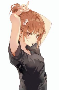 1girl alternate_hairstyle arms_up black_shirt blush breasts brown_hair flower hair_flower hair_ornament hair_tie_in_mouth kinokohime misaka_mikoto mouth_hold shirt short_sleeves solo t-shirt toaru_kagaku_no_railgun toaru_kagaku_no_railgun_t toaru_majutsu_no_index tying_hair upper_body white_background