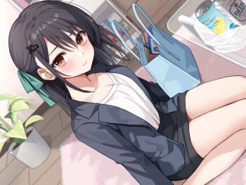 1girl bag beer_can black_hair black_skirt blush brown_eyes can closed_mouth collarbone drink_can formal_clothes green_ribbon grey_jacket hair_ornament hair_ribbon ikura_nagisa jacket kneeling legs office_lady original pencil_skirt plant potted_plant ribbon rug shirt skirt solo suit white_shirt