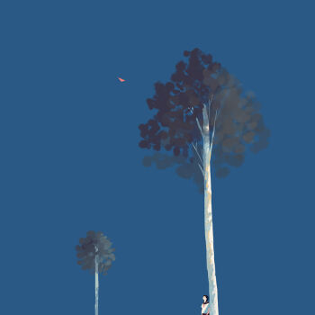 1girl bangqiao_yan black_hair black_skirt blue_sky clear_sky cowboy_shot day faceless mini_person minigirl neck_ribbon original paper_airplane ribbon scenery shirt short_hair skirt sky sky_focus standing tree white_shirt