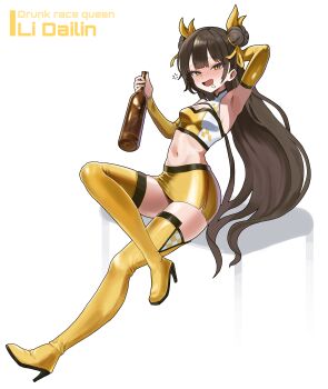 1girl absurdres arm_behind_head arm_up armpits bare_shoulders black_survival boots bottle breasts brown_hair cleavage_cutout clothing_cutout commentary crop_top double_bun english_commentary eternal_return:_black_survival full_body hair_bun hair_ribbon high_heel_boots high_heels highres holding holding_bottle li_dailin long_hair looking_at_viewer midriff miniskirt navel open_mouth pencil_skirt pyogo race_queen ribbon shirt skirt sleeveless sleeveless_shirt small_breasts smile solo stomach thigh_boots thighhighs two-tone_shirt very_long_hair yellow_boots yellow_eyes yellow_shirt yellow_skirt zettai_ryouiki