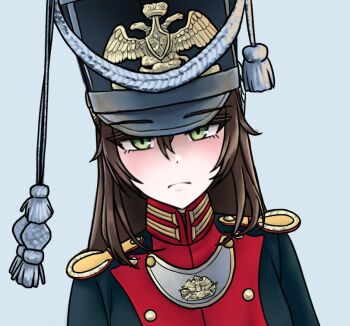 Rule 34 | 1girl, bird, brown hair, buttons, crown, eagle, epaulettes, expressionless, green eyes, hair between eyes, hat, klamol, lithuania, looking at viewer, military, military hat, military uniform, napoleonic wars, russia, russian empire, simple background, string