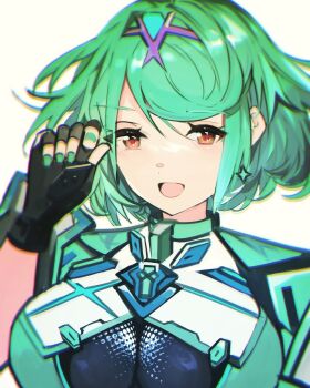 1girl breasts chest_jewel commentary_request cosplay earrings green_hair highres jewelry large_breasts nintendo pneuma_(xenoblade) pneuma_(xenoblade)_(cosplay) pyra_(xenoblade) red_eyes solo super_smash_bros. tarbo_(exxxpiation) tiara upper_body xenoblade_chronicles_(series) xenoblade_chronicles_2