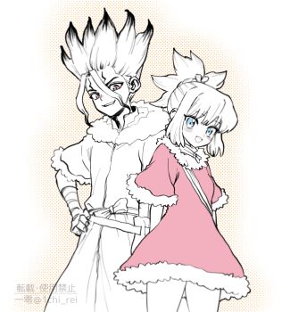 1boy 1girl arms_behind_back blue_eyes blush coat dr._stone dress fur_trim hairband highres ishigami_senkuu kohaku_(dr._stone) looking_at_viewer multicolored_hair ninomae_gin open_mouth ponytail red_eyes santa_costume santa_dress smile spiked_hair spot_color winter_clothes winter_coat