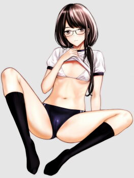 1girl bikini bikini_under_clothes black_socks breasts brown_eyes brown_hair buruma cameltoe commentary_request expressionless full_body glasses gym_uniform highres kneehighs looking_at_viewer navel original parted_lips small_breasts socks solo spread_legs swimsuit takano_masayuki