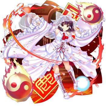 Rule 34 | 1girl, alternate costume, ascot, boots, bow, brown eyes, brown hair, closed mouth, danmaku, detached sleeves, dress, falling petals, frilled sleeves, frills, full body, game cg, gohei, hair bow, hair tubes, hakurei reimu, hakurei reimu (scarlet), highres, holding, holding gohei, knee boots, lace-up boots, long hair, looking at viewer, official art, orb, petals, pink petals, red ascot, rotte (1109), see-through clothes, see-through veil, sleeveless, sleeveless dress, smile, solo, third-party source, touhou, touhou lostword, transparent background, veil, white boots, white dress, wide sleeves, yin yang, yin yang orb