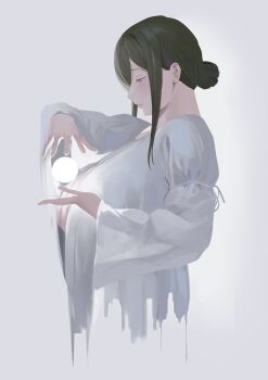 1girl absurdres black_hair breasts cleavage commentary hair_bun highres large_breasts original simple_background solo tnr_(horiko1525) white_background