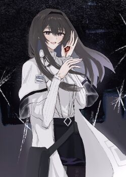 Rule 34 | 1girl, arknights, bag, black bag, black hair, black hairband, black pantyhose, black skirt, city, coat, fuyunaga, gem, hairband, highres, holding, holding gem, jacket, long hair, long sleeves, looking at viewer, medium hair, name tag, night, night sky, pantyhose, priestess (arknights), purple eyes, red gemstone, shirt, simple background, skirt, sky, smile, solo, sweater, symbol-shaped pupils, turtleneck, waist bag, white coat, white sweater