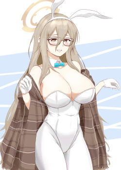 1girl akane_(blue_archive) akane_(bunny)_(blue_archive) animal_ears aqua_bow aqua_bowtie bare_shoulders black-framed_eyewear blue_archive blush bow bowtie breasts brown_eyes brown_hair cleavage collarbone detached_collar fake_animal_ears glasses gloves hair_between_eyes halo highres large_breasts leotard long_hair looking_at_viewer pantyhose playboy_bunny rabbit_ears smile solo viperxtr white_gloves white_leotard white_pantyhose