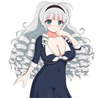 1girl :o absurdres ahoge black_hairband blue_dress blunt_bangs blush body_blush bow breasts chest_bow cleavage collarbone commentary covered_groin covered_navel cowboy_shot dress drill_hair drill_sidelocks english_commentary flower ginrei_(senran_kagura) green_eyes grey_hair hair_flower hair_ornament hairband helltzujih highres huge_breasts kiritsusei_juuji_academy_school_uniform linea_alba long_hair looking_at_viewer multiple_drills parted_lips school_uniform scoop_neck senran_kagura senran_kagura_new_wave shiny_skin sidelocks simple_background solo white_background white_bow