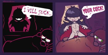 2boys arnkleblarn bed bedroom black_hair blanket blush brown_hair bulge cloak covered_eyes curtains drooling english_text erection fangs freckles green_eyes halloween highres imminent_fellatio imminent_penetration indoors lightning male_focus multiple_boys naked_cloak night nipples nude open_mouth original penis saliva saliva_trail shota smile speech_bubble standing teeth testicles trap uncensored vampire_costume window yaoi