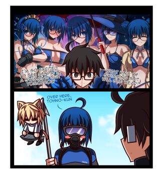 1boy 2girls @_@ absurdres ahoge animal_ears bb_(fate) bb_(swimsuit_mooncancer)_(second_ascension)_(fate) bb_(swimsuit_mooncancer)_(second_ascension)_(fate)_(cosplay) bikini black_hair blonde_hair blood blue_bikini blue_dress blue_eyes blue_hair blue_hat blush breasts carmilla_(fate) carmilla_(fate)_(cosplay) cat_ears cat_tail closed_eyes closed_mouth cosplay diving_mask diving_suit double_bun dress embarrassed english_text fate/grand_order fate_(series) fingerless_gloves fish glasses gloves goggles hair_bun harpoon hat highres huge_breasts large_breasts looking_at_viewer minamoto_no_raikou_(fate) minamoto_no_raikou_(fate/grand_order) minamoto_no_raikou_(swimsuit_lancer)_(fate) minamoto_no_raikou_(swimsuit_lancer)_(fate)_(cosplay) multiple_girls neco-arc nosebleed sakurello shirt snorkel sunglasses swimsuit tail tohno_shiki tsukihime tsukihime_(remake) umbrella