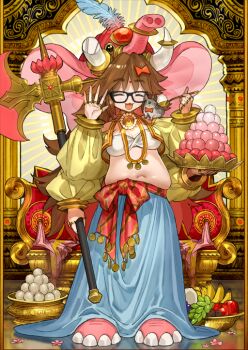 1girl :3 :d animal animal_feet animal_hat animal_on_shoulder apple axe banana bandeau belly bindi black-framed_eyewear blue_skirt bow breasts breasts_apart brown_hair closed_eyes clothing_cutout cropped_jacket elephant_hat extra_arms fate/grand_order fate_(series) food food_request fruit full_body game_cg ganesha_(fate) glasses gold_choker gold_ring hair_bow hamster hands_up hat holding holding_axe holding_plate holding_spoon jacket jewelry long_hair long_skirt long_sleeves medium_breasts multiple_rings navel necklace official_art open_clothes open_jacket open_mouth plate plump puffy_long_sleeves puffy_sleeves red_bow red_sash ring sash shoulder_cutout sidelocks skirt smile solo spoon standing strapless third-party_source thumb_ring variant_set very_long_hair wada_arco white_bandeau yellow_jacket