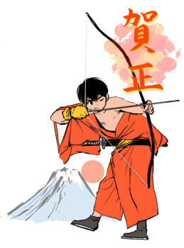 1boy archery arrow_(projectile) black_hair bow_(weapon) closed_mouth drawing_bow gloves holding holding_bow_(weapon) holding_weapon japan japanese_clothes kimono male_focus mog300n open_clothes open_kimono orange_kimono original shota solo weapon white_background