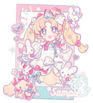 1girl :d artist_name blonde_hair blue_eyes blush bow commentary dot_nose dress fanqiealxe hair_bow hands_up highres long_hair long_sleeves looking_at_viewer open_mouth original parted_bangs polka_dot polka_dot_bow rabbit sample_watermark see-through_clothes see-through_sleeves simple_background smile solo star-shaped_pupils star_(symbol) symbol-only_commentary symbol-shaped_pupils twintails upper_body watermark white_background white_bow white_dress