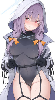 Rule 34 | 1girl, atsuko (blue archive), black gloves, blue archive, blush, bow, braid, breasts, cameltoe, closed mouth, covered navel, gloves, hair bow, halo, head tilt, highres, hood, hood up, jacket, large breasts, looking at viewer, orange bow, purple hair, red eyes, revision, simple background, smile, solo, sweat, thigh gap, thighs, twin braids, v, white background, white hood, white jacket, yuukun mk-ii