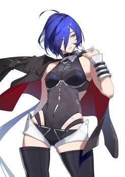 1girl absurdres bare_shoulders blue_hair boots breasts chinese_commentary commentary_request grey_nails hair_over_one_eye highres jacket leotard lipstick looking_at_viewer makeup mole nail_polish promeia_(zenless_zone_zero) purple_eyes purple_lips short_hair shorts simple_background solo thigh_boots thighhighs waxgourd white_background zenless_zone_zero
