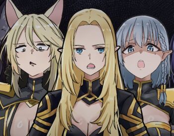 3girls alpha_(kagejitsu) animal_ears annoyed beta_(kagejitsu) blonde_hair blue_eyes braid breasts cat_ears cleavage_cutout clothing_cutout elf gamma_(kagejitsu) hair_between_eyes kage_no_jitsuryokusha_ni_naritakute! kamisu_yu large_breasts long_hair medium_breasts medium_hair mole mole_under_eye multiple_girls open_mouth parted_bangs pointy_ears sidelocks upper_body