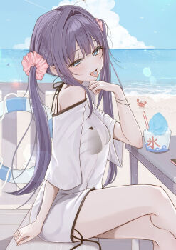 1girl aqua_eyes beach bikini bikini_under_clothes black_bikini blue_sky blunt_bangs blush bracelet cloud commentary_request cup day disposable_cup disposable_ice_cream_cup food hair_ornament hair_scrunchie highres horizon jewelry long_hair looking_at_viewer ocean open_mouth original outdoors oversized_clothes oversized_shirt purple_hair sand scrunchie see-through_clothes see-through_shirt shaved_ice shirt shore side-tie_bikini_bottom sitting sky smile solo swimsuit tongue tongue_out twintails uiri-na very_long_hair water white_shirt