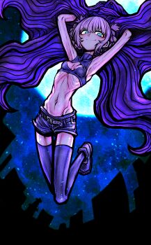 1girl absurdres blue_eyes breasts commentary_request full_body full_moon grey_hair highres hip_bones looking_at_viewer moon nanakusa_nazuna_(yofukashi_no_uta) navel nazo_no_diaboro night ribs short_hair short_shorts shorts skinny sky small_breasts solo thighhighs yofukashi_no_uta