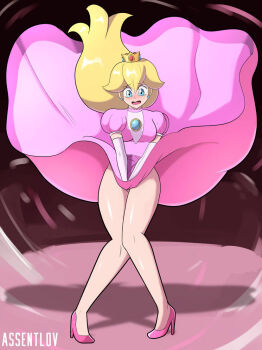 1girl assentlov blonde_hair blue_eyes blush breasts clothes_lift crown dress dress_lift earrings embarrassed full_body gloves high_heels jewelry legs long_hair mario_(series) nintendo no_socks open_mouth pink_dress princess_peach shiny_skin super_mario_bros._1 upskirt wind