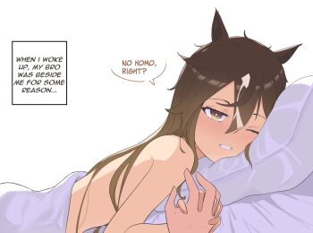 1girl 1hpman 1other animal_ears bite_mark bite_mark_on_hand brown_eyes brown_hair commentary dutch_angle english_commentary english_text from_side grin hair_between_eyes hair_down head_on_pillow hickey highres holding_hands horse_ears light_blush long_hair looking_at_viewer lying meme messy_hair multicolored_hair no_homo_(meme) nude on_stomach one_eye_closed pillow pov pov_hands smile solo_focus stay_gold_(umamusume) sweat umamusume under_covers