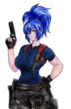 1girl blue_eyes blue_hair breasts curvy female_focus gloves huge_breasts juliole35301969 large_breasts leather leona_heidern long_hair pale_skin ponytail smile the_king_of_fighters thick_thighs thighs