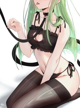 1girl artist_name bare_shoulders black_thighhighs breasts budgiepon c.c. cleavage cleavage_cutout clothing_cutout code_geass collarbone female_focus green_hair highres leash lingerie long_hair open_mouth simple_background small_breasts tail thighhighs thighs tongue tongue_out underwear white_background