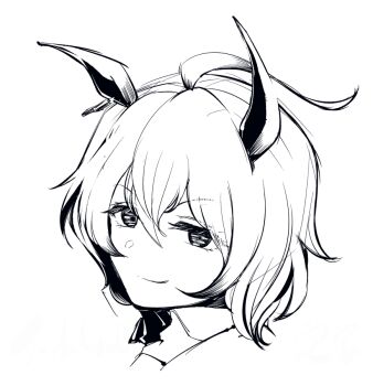 Rule 34 | 1girl, agnes tachyon (umamusume), ahoge, closed mouth, commentary request, greyscale, hair between eyes, long bangs, looking at viewer, monochrome, portrait, sadahiro (chicken nugget gyuuniku aji), short hair, simple background, smile, solo, umamusume