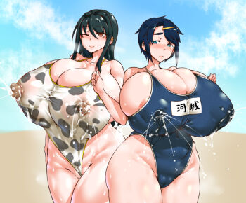 2girls animal_print aqua_eyes black_hair blue_eyes blue_hair blue_one-piece_swimsuit blush breasts brown_eyes cleavage covered_erect_nipples covered_navel cow_print cow_print_one-piece_swimsuit earrings f-5_(efu_no_go) gigantic_breasts hair_ornament hairclip highleg highleg_one-piece_swimsuit japanese_text jewelry lactation lactation_through_clothes lips long_hair multiple_girls one-piece_swimsuit one_eye_closed original outdoors school_swimsuit short_hair skindentation sky smile standing swimsuit thick_thighs thighs tight_clothes wet wide_hips wink