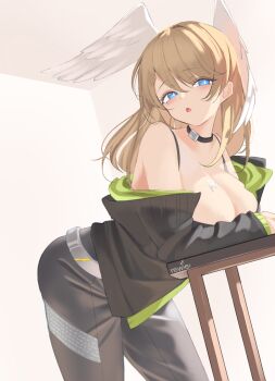 1girl bare_shoulders black_bodysuit black_choker black_jacket blue_eyes bodysuit breast_tattoo breasts brown_hair choker cleavage eunie_(xenoblade) head_wings highres hood jacket jacket_partially_removed large_breasts leaning_on_table long_hair looking_at_viewer medium_hair off_shoulder open_clothes revvie signature simple_background solo tattoo white_wings wings xenoblade_chronicles_(series) xenoblade_chronicles_3
