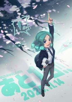 1boy acidity_lattice aqua_hair bad_tag ball black_jacket black_shoes blue_eyes blue_necktie collared_shirt dated falling_petals grey_pants highres inazuma_eleven_(series) inazuma_eleven_victory_road jacket male_focus medium_hair multicolored_hair necktie open_clothes open_jacket pants petals sasanami_unmei shirt shoes soccer_ball solo striped_necktie translation_request two-tone_hair white_shirt
