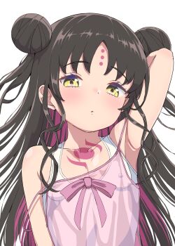 1girl babydoll bare_shoulders black_hair breasts chest_tattoo covered_erect_nipples double_bun dress_swimsuit facial_mark fate/grand_order fate_(series) forehead_mark full_body hair_bun highres loli long_hair multicolored_hair parted_bangs pink_babydoll pink_hair sessyoin_kiara sessyoin_kiara_(lily) small_breasts solo streaked_hair sushi_no_ikari tattoo very_long_hair wavy_hair white_background yellow_eyes