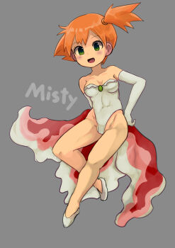 1girl :d adapted_costume alternate_costume asymmetrical_hair bare_legs bare_shoulders blush breasts cameltoe cleavage cosplay covered_erect_nipples covered_navel elbow_gloves eyelashes gloves goldeen_(cosplay) green_eyes groin hair_tie hand_on_own_hip highleg highleg_leotard highres legs leotard looking_at_viewer misty_(pokemon) navel nintendo open_mouth orange_hair pokemon pokemon_(anime) pokemon_(classic_anime) pokemon_rgby ponytail shoes short_hair side_ponytail sitting small_breasts smile solo strapless tenteco_(covamin) white_gloves white_leotard