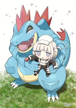 black_jacket black_pants blonde_hair chibi closed_eyes crocodilian crossover feraligatr gen_2_pokemon happy highres hololive hololive_dev_is humi_kaga jacket nintendo pants pokemon pokemon_legends:_z-a purple_eyes sharp_teeth simple_background sparkle standing teeth todoroki_hajime two_side_up virtual_youtuber white_background