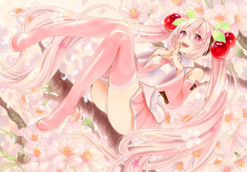 1girl ahoge arm_tattoo blush branch breasts cherry_hair_ornament collared_shirt commentary detached_sleeves floral_print flower food-themed_hair_ornament full_moon hair_between_eyes hair_ornament hatsune_miku headset long_hair long_sleeves looking_at_viewer marker_(medium) medium_breasts miku_day mimi_(mini1474) moon necktie number_tattoo official_alternate_costume open_mouth panties pantyshot pink_eyes pink_flower pink_hair pink_necktie pink_panties pink_skirt sakura_miku shirt sitting sitting_on_branch skirt sleeveless sleeveless_shirt solo tattoo traditional_media twintails underwear very_long_hair vocaloid white_trim wide_sleeves