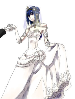 1boy 1girl blue_hair breasts bridal_veil bride closed_mouth clothes_lift commentary_request dress dress_lift feet_out_of_frame gloves hair_bun hetero jewelry long_dress long_hair medium_breasts necklace pearl_necklace priest_(ragnarok_online) purple_eyes ragnarok_online simple_background single_hair_bun smile solo_focus strapless strapless_dress tiara toriria veil wedding wedding_dress white_background white_dress white_gloves