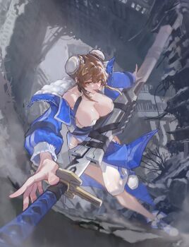 1girl absurdres bare_shoulders black_choker blue_dress blue_jacket braid braided_bun breasts brown_hair bun_cover chaos_zero_nightmare choker cleavage closed_mouth commentary cropped_jacket double_bun dress eyeliner full_body hair_between_eyes hair_bun hair_ornament highres huge_weapon jacket korean_commentary large_breasts long_sleeves looking_at_viewer makeup mole mole_on_breast mole_under_mouth off_shoulder open_clothes open_jacket outdoors pelvic_curtain piercing red_eyeliner ruins seonu127616 shoes short_hair_with_long_locks sidelocks single_thighhigh solo standing standing_on_one_leg strapless strapless_dress thighhighs tongue tongue_out tongue_piercing tsuba_(guard) weapon weapon_strap white_shoes yellow_eyes yuki_(chaos_zero_nightmare)