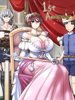 age_difference anniversary annoyed banamei breasts celebration dragon_conqueror gloves highres holding holding_hands holding_scepter king large_breasts looking_at_viewer milestone_celebration official_art portrait queen reiri_(banamei) royal_robe scepter sitting smile suzurika_(banamei)