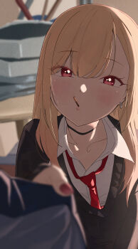 1girl absurdres black_sweater blonde_hair blurry blurry_background choker collarbone earrings eyelashes food food_in_mouth highres jewelry kitagawa_marin long_sleeves necktie nmm pocky pocky_in_mouth pulling_another's_clothes red_eyes red_necktie solo_focus sono_bisque_doll_wa_koi_wo_suru sweater