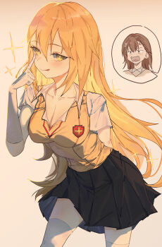 2girls :q absurdres anger_vein black_skirt blonde_hair breasts brown_eyes brown_hair brown_sweater_vest cleavage collared_shirt commentary elbow_gloves eyelid_pull gloves hair_between_eyes highres inda1557 large_breasts long_hair looking_at_viewer miniskirt misaka_mikoto multiple_girls pleated_skirt school_emblem school_uniform shirt shokuhou_misaki short_sleeves simple_background skirt sparkling_eyes summer_uniform sweater_vest thighhighs toaru_kagaku_no_railgun toaru_majutsu_no_index tokiwadai_school_uniform tongue tongue_out v-neck white_gloves white_shirt white_thighhighs yellow_eyes
