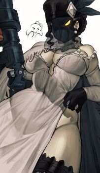 1girl alcina_dimitrescu alcina_dimitrescu_(cosplay) arm_cannon black_dahlia black_hair breasts clothes_lift cosplay covered_navel cyborg dress dress_lift earrings feather_hair_ornament frilled_thigh_strap fur_hat gloves hair_ornament hat highres jewelry large_breasts leaning_back maisujim mask no_panties resident_evil resident_evil_village skullgirls solo thigh_strap veil weapon white_background